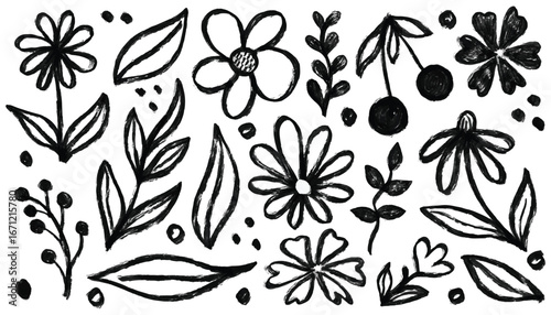 Flower brush stroke hand drawn sketch doodle flower, floral leaf elements ink style vector set. Simple botanical silhouette. Nature black paint kid scribble collage. Black rough flower border brush 