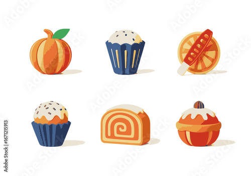 A collection of six stylized autumn-themed desserts and sweets, including a pumpkin, cupcakes, and a roll cake.