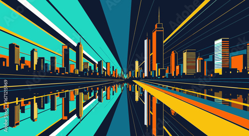 A vibrant, futuristic cityscape illustration with a dynamic perspective, featuring a reflected skyline against bold teal and orange stripes.
