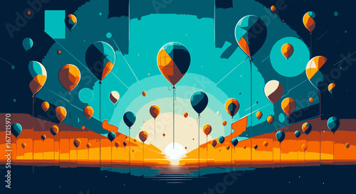 A vibrant, abstract illustration of colorful balloons rising into a geometric teal sky at sunrise.