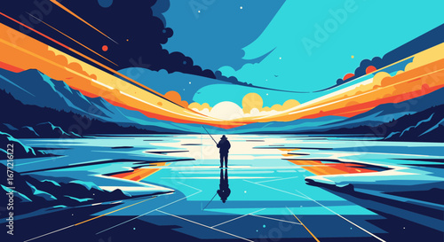 A lone fisherman stands on a frozen lake at sunset, depicted in a vibrant, modern illustrative style with dramatic colors and reflections.