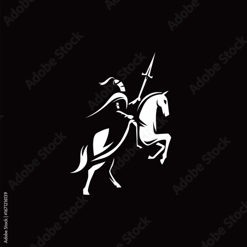 A knight in shining armor rides a rearing white horse, brandishing a spear. The backdrop is a dark setting, enhancing the dramatic atmosphere. Excitement fills the air.