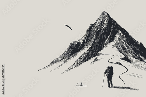 A hiker stands on a snowy trail, gazing at a towering mountain silhouette at sunrise. A tent rests nearby, and a bird soars above the peaks in this serene outdoor setting.
