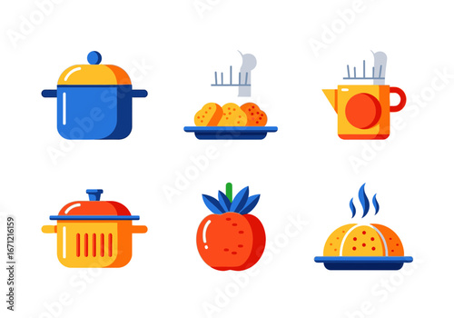 A vibrant collection of six flat design icons depicting various cooking utensils and prepared food dishes, including pots, a kettle, a tomato, and steaming meals.