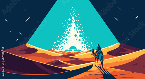 A lone traveler on a camel witnesses a mysterious beam of light in the desert at night.