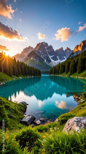 Fototapeta Naklejka Na Ścianę i Meble -  Calm turquoise lake reflecting sunset on mountains