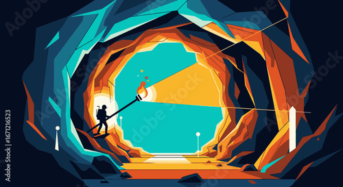 An explorer with a long flaming torch illuminates the path inside a dark, mysterious, and geometric cave.