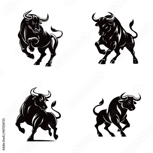 Four distinct bull silhouettes illustrate various dynamic poses, emphasizing strength and agility. The minimalist design highlights the powerful form and movement of each bull.