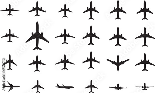 Airplane silhouette vector set – aviation and aircraft top view icons