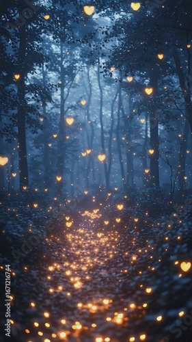 Mystical Forest Trail of Hearts:  A magical, ethereal forest path illuminated by enchanting, glowing heart-shaped lights, creating a romantic and dreamlike atmosphere. 