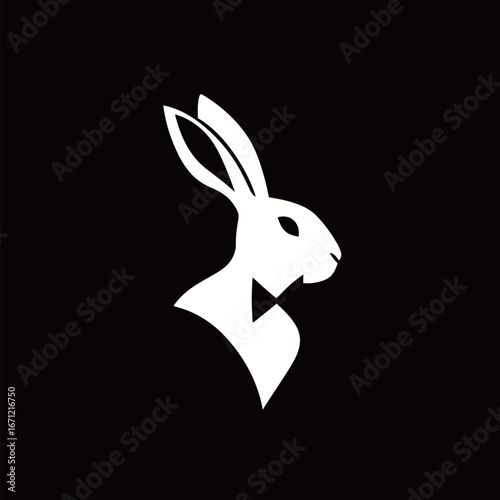 A striking rabbit silhouette is shown in white, featuring a formal bow tie. The design contrasts sharply with a black background, making it ideal for fashion or lifestyle branding.