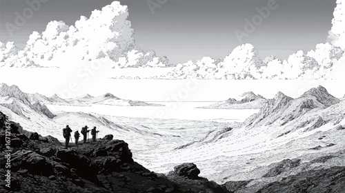 A group of hikers stands on a rocky outcrop, gazing at a breathtaking view of valleys and mountains under a sky filled with clouds. The vast landscape stretches into the distance.
