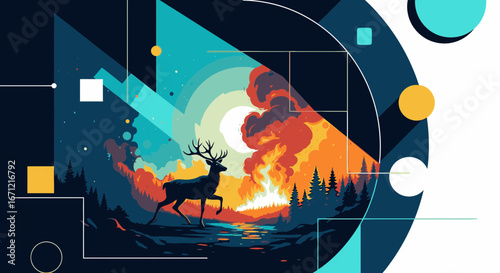 A deer silhouette stands before a raging forest fire in a modern, abstract graphic illustration style.
