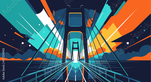 A vibrant, stylized illustration of a suspension bridge at night from a dynamic forward perspective.