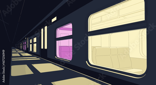 Stylized illustration of a modern train at a dark, empty station platform at night, showing a one-point perspective.