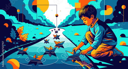 A young boy in a vibrant, illustrative landscape launches paper boats into a stream, symbolizing childhood imagination and adventure.