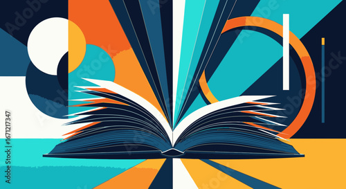 A vibrant, abstract illustration of an open book radiating knowledge and creativity with colorful geometric shapes.