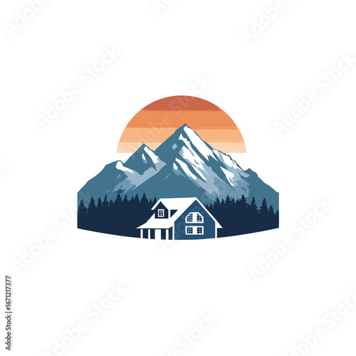 Serene mountain landscape featuring a cozy house in the foreground, with towering peaks and a vibrant sunset illuminating the sky. The scene captures the beauty of nature and tranquility.