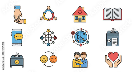 Colorful Icons Set: Community, Communication, and Social Interaction