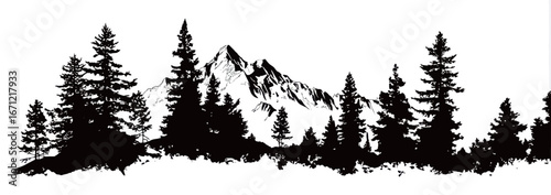 Silhouetted pine trees frame majestic mountains in the background. The scene captures natures beauty with contrasting dark and light elements. Perfect for outdoor enthusiasts or tranquil settings.