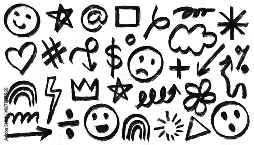 Smile brush hand drawn vector element emoticons set. Emoji fun comic face, heart, crown symbol crayon marker backdrop kid sketch drawing style. Black smiley face, sad and happy, scribble line arrow 