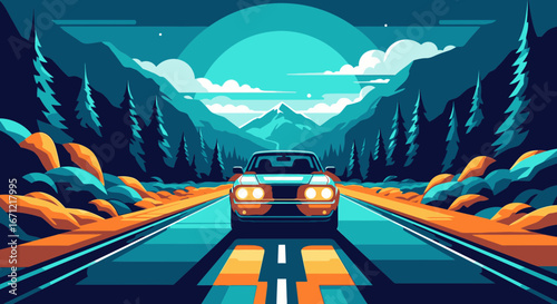 A stylized illustration of a car on a scenic road trip through a mountain landscape at dusk.