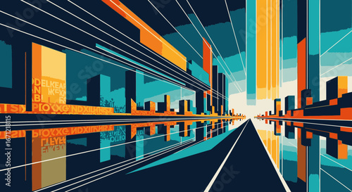 Abstract futuristic cityscape with towering skyscrapers and reflections on a road leading to a bright horizon.