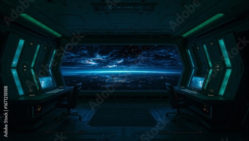 Spaceship Cockpit Interior with a View of Space and Planet.