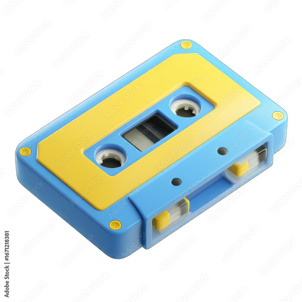 Fototapeta premium Blue and yellow cassette tape, isometric view