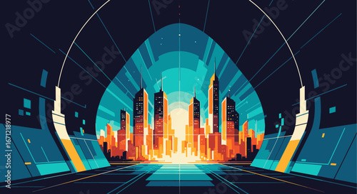Futuristic cityscape with glowing skyscrapers viewed from a modern, abstract tunnel.