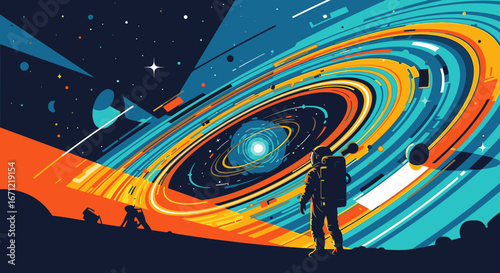 An astronaut stands on a celestial body, gazing at a vibrant, swirling galaxy in a colorful, stylized illustration of cosmic exploration.