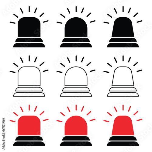 Red Emergency Siren Icon – Flashing Warning Light Alert Vector for Danger, Alarm, and Security Signal.
