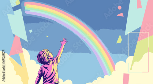 A hopeful child reaches for a vibrant rainbow in a stylized, dreamlike sky filled with abstract shapes.