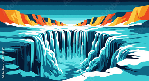 A vibrant, stylized illustration of a massive waterfall cascading into a deep, colorful canyon under a clear sky.