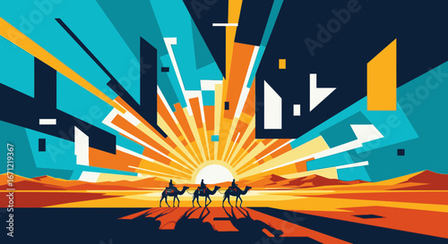 A vibrant, stylized illustration of three silhouetted figures riding camels across a desert landscape towards a radiant, geometric sunrise.