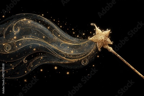 Golden magic wand with sparkling trail fantasy and dreams fairytale charm on transparent background