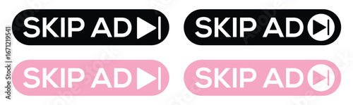 Skip Ad Button Icon Set – Online Video Player Advertisement Skip Symbols for Web, UI, and App Design Vector.
