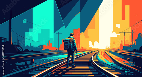 A lone traveler with a backpack stands on railroad tracks, gazing at a vibrant, stylized city skyline at sunrise.
