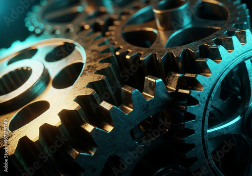 Intricate close up of interlocking metal gears with dramatic lighting