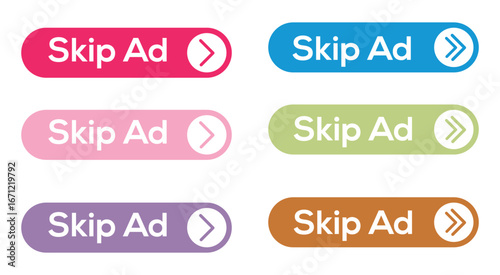 Skip Ad Button Icon Set – Online Video Player Advertisement Skip Symbols for Web, UI, and App Design Vector.