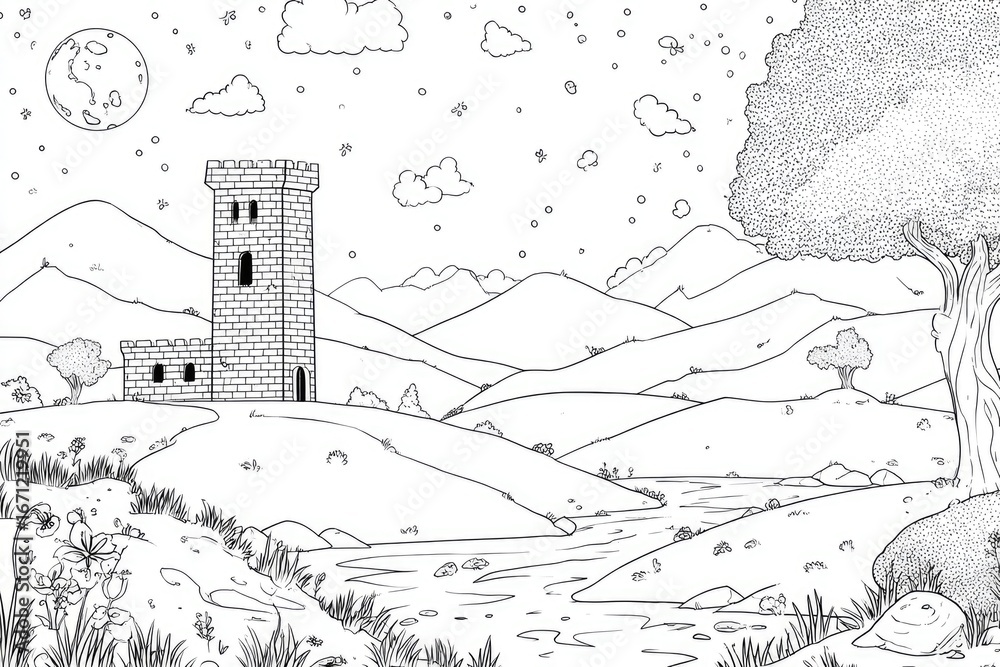 Obraz premium Nighttime landscape drawing, stylized