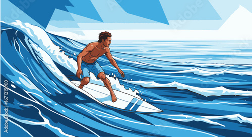 Dynamic illustration of a male surfer skillfully riding a cresting blue ocean wave.