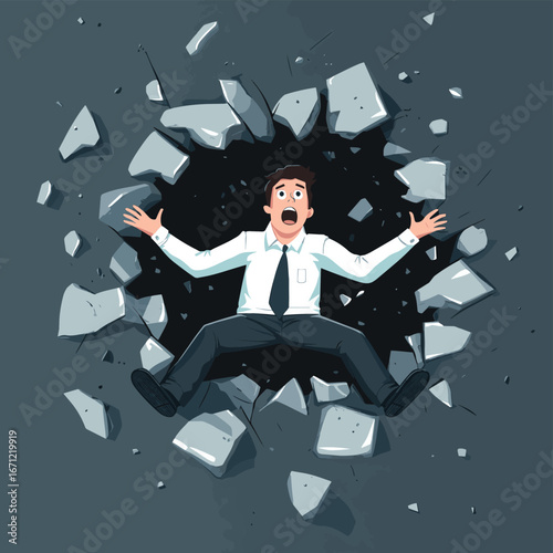 Frightened businessman falling into large hole broken concrete floor symbolizing crisis risk failure accident or financial downfall in flat minimalist style vector illustration