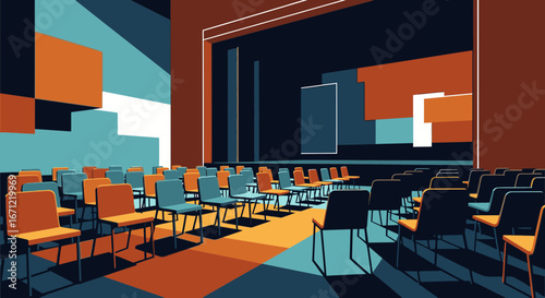 A modern, graphic illustration of an empty auditorium with rows of blue and orange chairs facing a stage, depicted with a bold color palette and strong shadows.