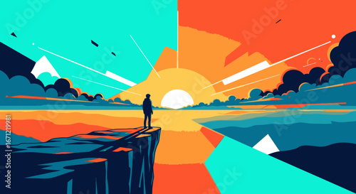A lone figure on a cliff edge watches a vibrant sunrise over the ocean in a stylized, split-color illustration.