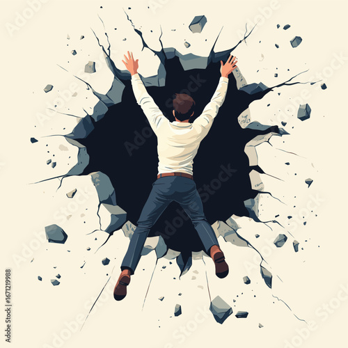 Frightened businessman falling into large hole broken concrete floor symbolizing crisis risk failure accident or financial downfall in flat minimalist style vector illustration