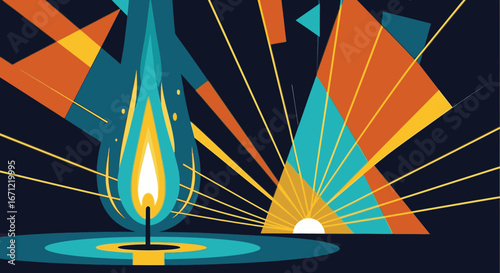 An abstract geometric illustration featuring a stylized candle flame and a rising sun, with radiating beams of light.