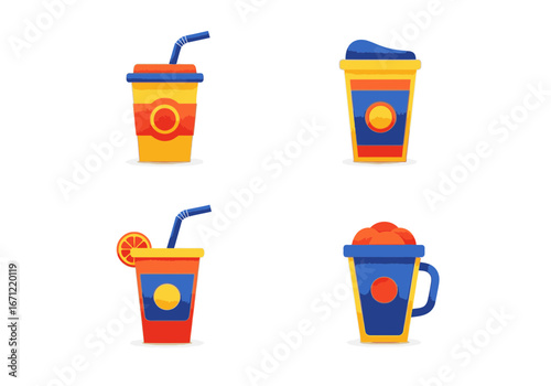 A collection of four colorful flat design icons representing various takeaway drinks, including soda, juice, and a frozen beverage.