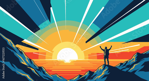 A triumphant hiker stands on a mountain peak with arms raised, watching a vibrant, stylized sunrise over the ocean.
