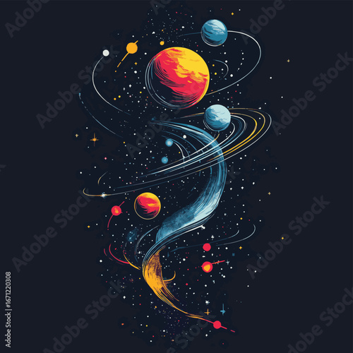 Abstract cosmic space vector illustration with planets stars and orbital lines in digital minimalist wireframe style on dark background, vector style simple color